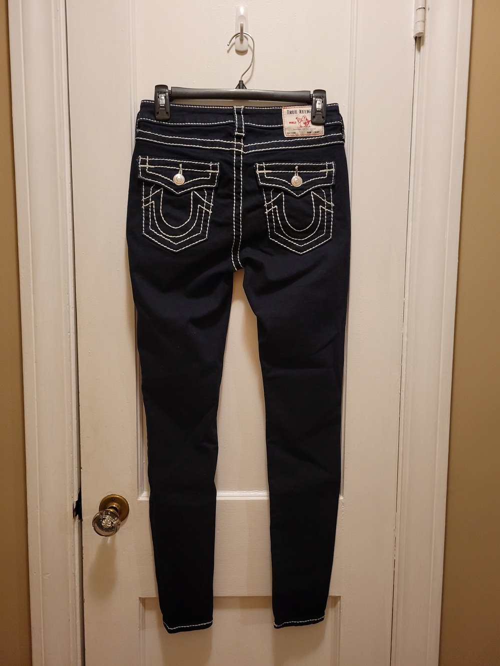 True Religion Jennie Curvy Mid Rise Skinny Jeans with White Contrast Stitching